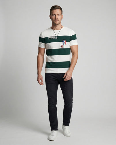 Herren nan gestricktes Typo-Print Rundhals-T-Shirt mit kurzem Arm und figurbetonter Passform Nord Taschen