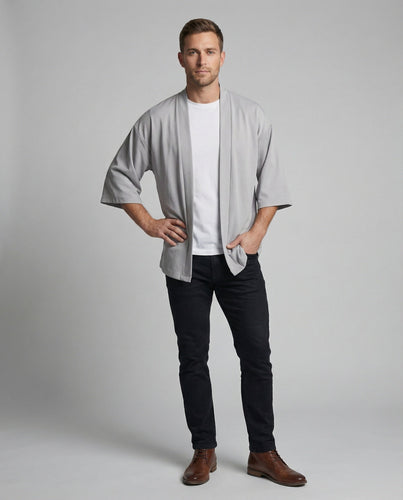 Herren nan offene weitgeschnittene Kimono-Jacke aus fließendem Jersey mit Seitentaschen und Dreiviertelärmeln Nord Taschen
