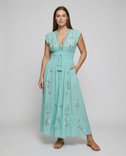 Damen Bestickte Boho MischgewNord Taschene Maxikleid