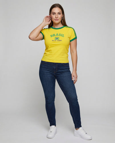 Damen Sportliche Brasil-Print Baumwoll Kurzshirt