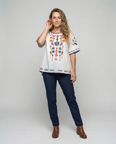 Damen Weite Handbestickte Leinen Sommershirt