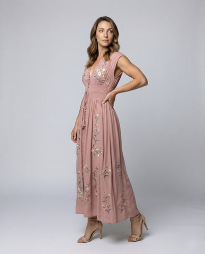 Damen Bestickte Boho MischgewNord Taschene Maxikleid
