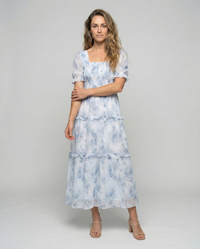 Damen Luftige Puffärmel Chiffon Stufenmaxikleid