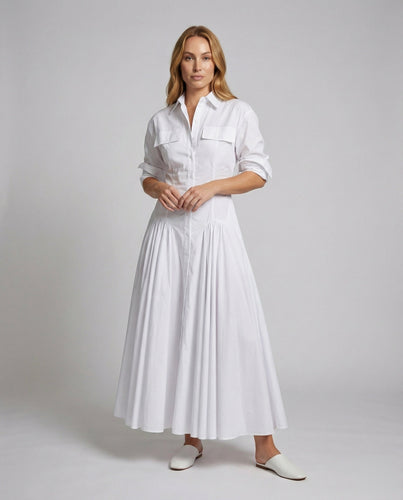 Damen Taillierte Godet-Rock MischgewNord Taschene Maxi-Hemdkleid
