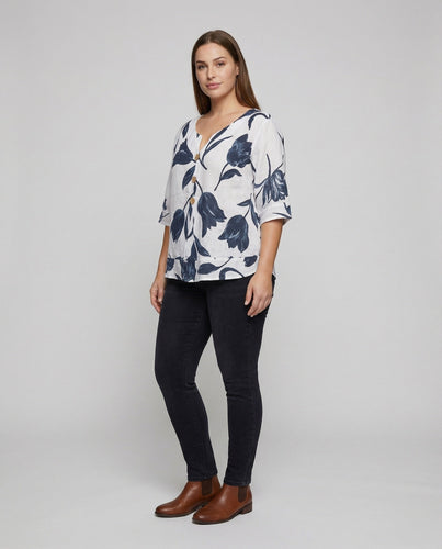 Damen Florale Holzknopfleiste Leinenoptik Leinenoptik-Bluse