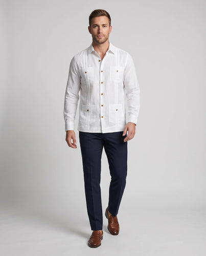 Herren Klassische Kuba-Kragen Leinenmix Guayabera-Hemd - Arvani