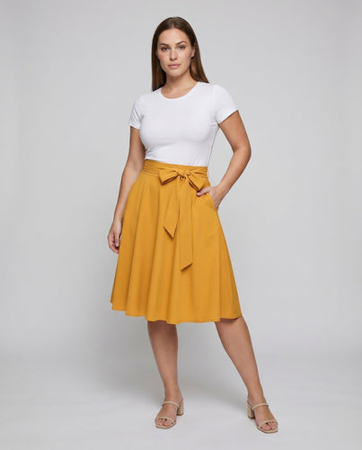 Damen Feminine Breite Taillenschleife Mischgew Nord Taschene Teller-Midirock