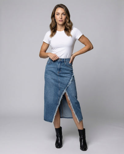 Damen Rustikale Ausgefranste Kantenverzierung Denim Überlappungs-Jeansrock