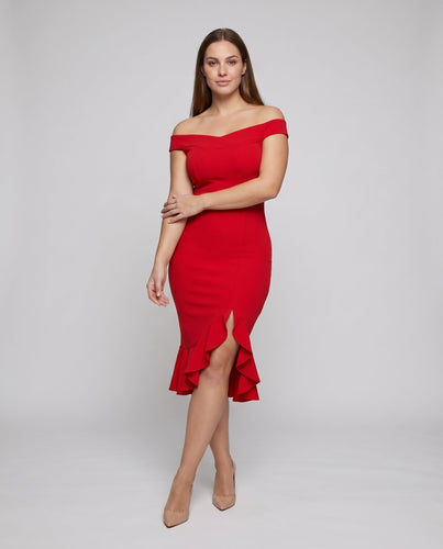 Damen Elegante Asymmetrischer Rüschen-Schlitz MischgewNord Taschene Midikleid
