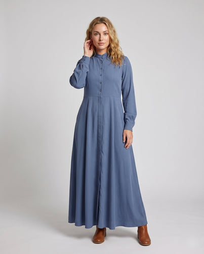 Damen Klassische Weiter Tellerrock MischgewNord Taschene Stehkragen-Maxikleid
