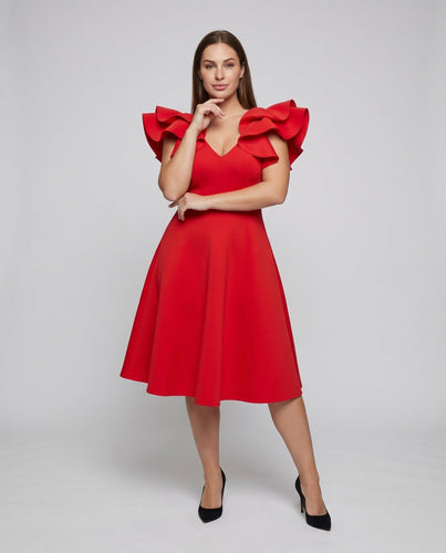 Damen Feminine Voluminöse Rüschenärmel MischgewNord Taschene A-Linien-Kleid