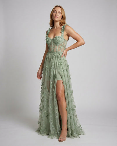Damen Corsagen-Maxikleid Tüll Beinschlitz Blatt-Design Avellé