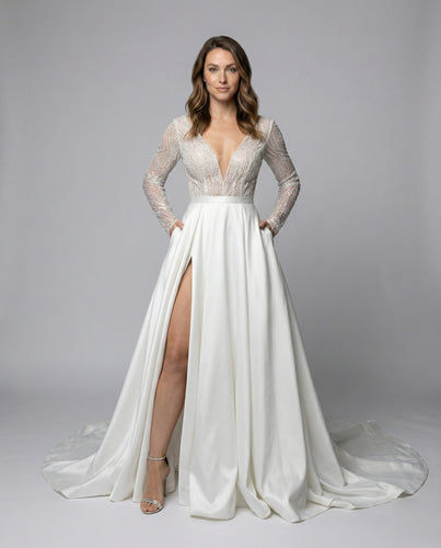 Damen Couture-Brautrobe Spitze Satinrock Seitenschlitz