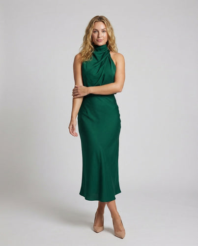 Damen Midi-Drapé-Kleid Stehkragen Blouson-Stil