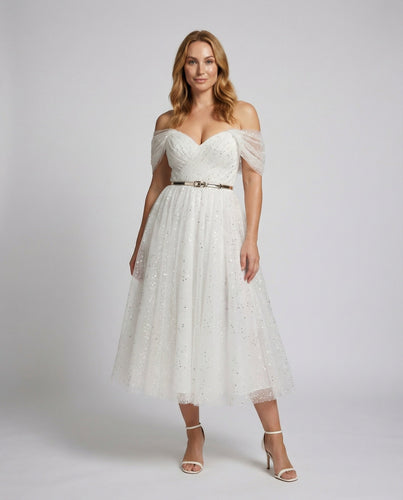 Damen A-Linien Tüllkleid Off-Shoulder Puffärmel