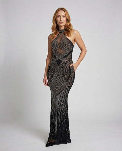 Damen Couture-Bodycon-Kleid Strass-Netz Illusion