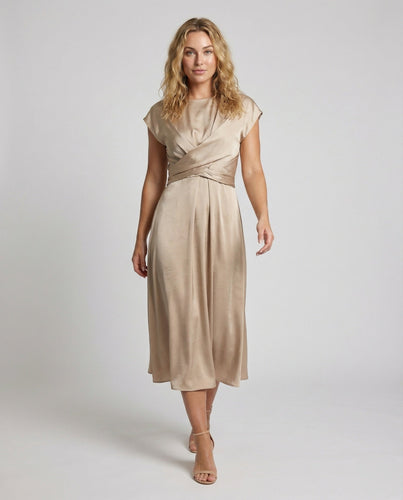 Damen Satin-Midikleid Taillenband Schwingrock