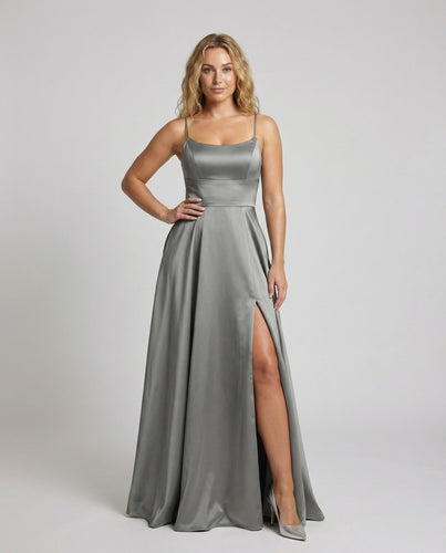 Damen Satin-Maxikleid Spaghettiträger Frontschlitz Taschen