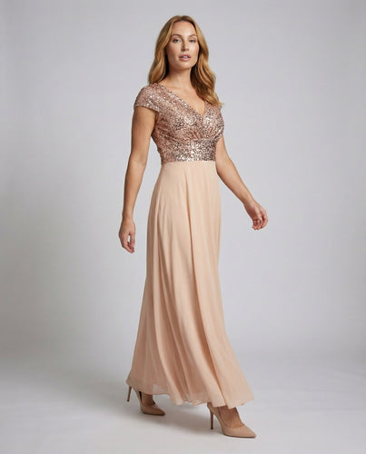Damen Abendkleid Satin-Optik Kappenärmel Mieder