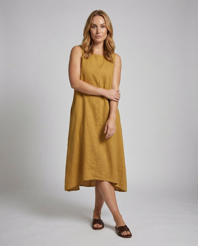 Damen Leinen-Midikleid High-Low Saum Taschen