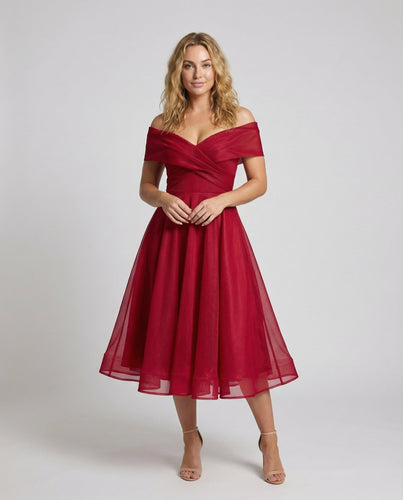 Damen Off-Shoulder Midikleid Wickel-Bustier Tellerrock - Vittorelli
