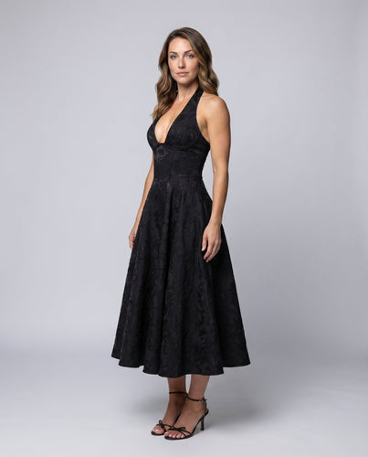 Damen Halter-Midikleid Korsagenmieder Tellerrock