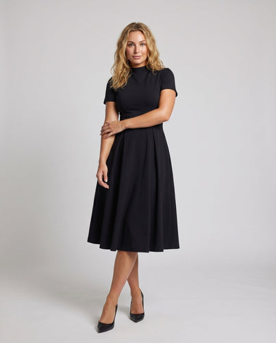 Damen Midikleid Rundhals Tellerrock Taschen