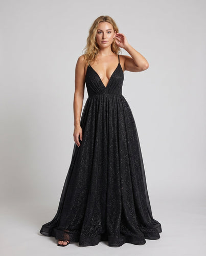 Damen Maxikleid Glitzer V-Ausschnitt Schwingrock