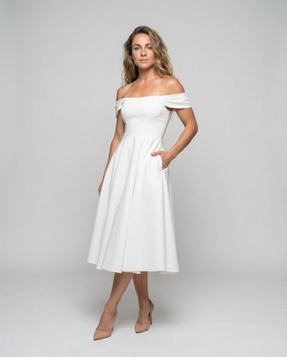 Damen Off-Shoulder Midikleid Mieder Tellerrock