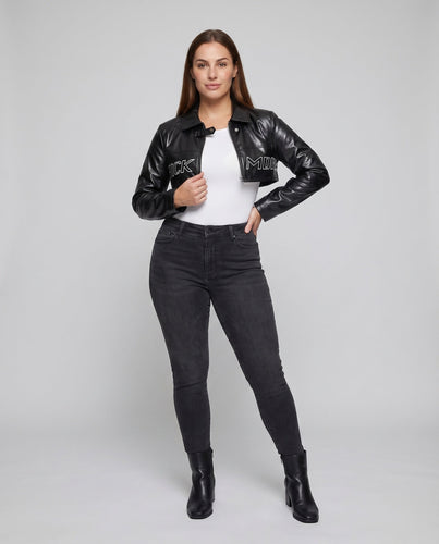 Damen Bikerblazer Kunstleder Cropped Lettering-Applikation