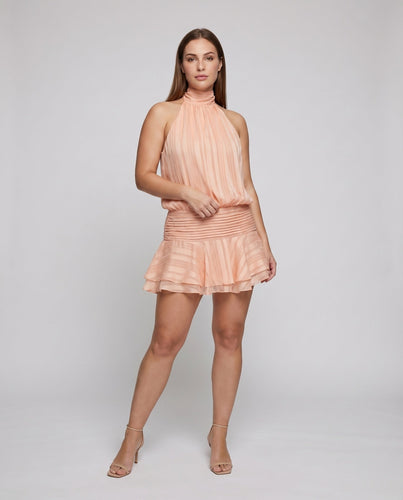 Damen Plissee-Minikleid Hochgeschlossen Volantrock Rückenfrei