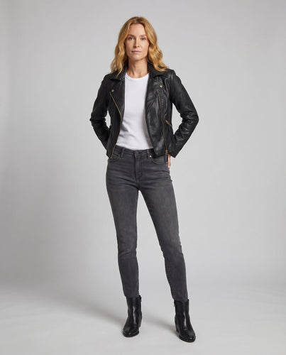 Damen Kurzblouson Retro-Bikerlook Metallzipper Ziersteppungen