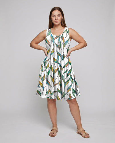 Damen Swing-Midikleid Blattprint Seitentaschen Viskose-Mix