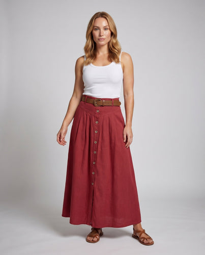 Damen Leinenmaxi-Rock High-Waist Knopfleiste Eingrifftaschen