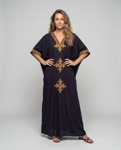 Damen Boho-Überwurfkleid Goldstickerei Kimonoärmel Bodenlang