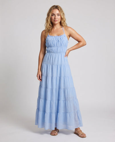 Damen Chiffon-Maxikleid Smokoberteil Rüschenkante Stufenvolant