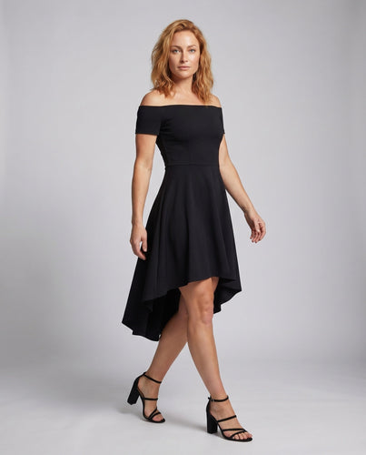 Damen Cocktailkleid High-Low-Schnitt Carmen-Ausschnitt Tellerrock