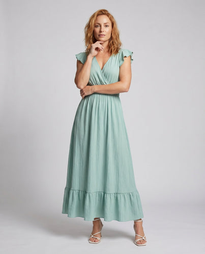 Damen Maxi-Wickelkleid Smokbund Volantstufe Flügelärmel