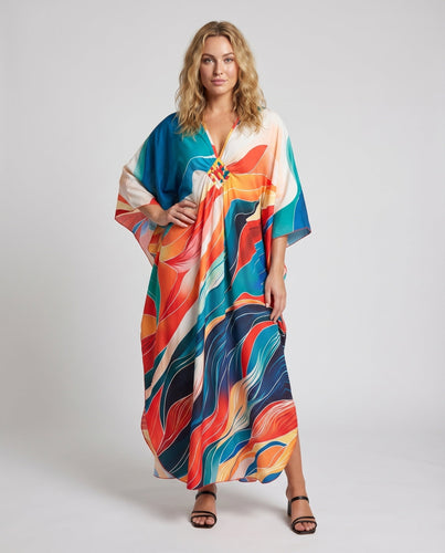 Damen Kaftan-Maxi Kimonoärmel Geflochtene Brustverzierung V-Ausschnitt