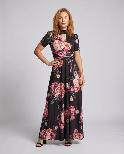 Damen Maxikleid Schlüsselloch-Ausschnitt Bindegürtel Kurzarm Schmeichelnd