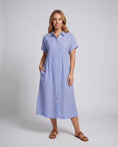 Damen Midikleid Hemdlook Unterbrustnaht Seitentaschen Umschlagärmel