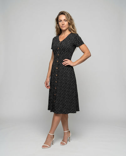 Damen Swingkleid Pünktchenmuster Knopfleiste Taillierte A-Linie