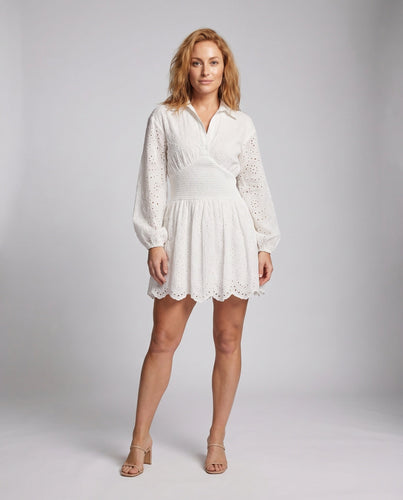 Damen Kleid Lochstickerei Smokbund Ballonärmel Hemdkragen