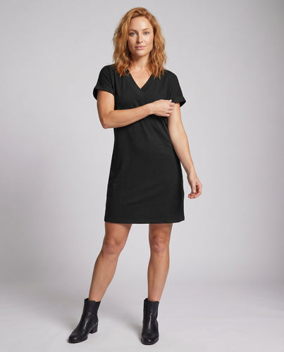 Damen Tunika-Kleid V-Ausschnitt Umschlagärmel Seitentaschen