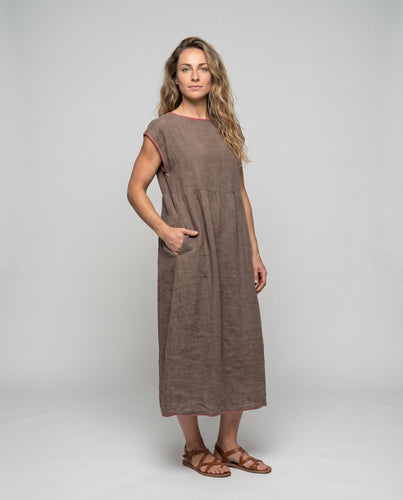 Damen Leinenmisch-Maxikleid Brustabnäher Überschnittene Kurzärmel Seitentaschen
