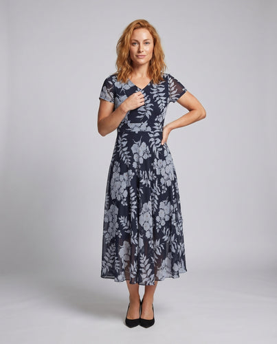 Damen Chiffon-Lagen-Midikleid V-Ausschnitt Floraler Alloverprint Tailliert