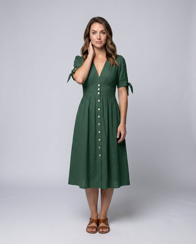 Damen Midikleid Leinenlook Knopfleiste Ärmelschleifen V-Ausschnitt