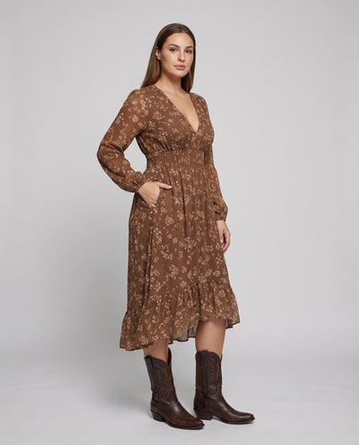 Damen Boho-Midikleid Smokbund Stufenvolant Tiefer V-Ausschnitt
