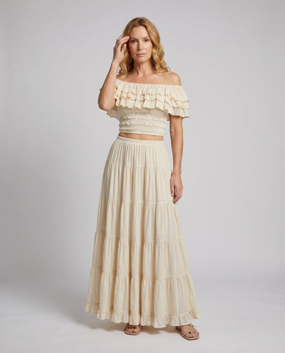 Damen Boho-Set Rüschen-Kurztop Stufenrock Leinenmischung