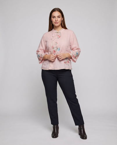 Damen Leinenmischbluse Blumenstickerei Knotenverschlüsse Leicht